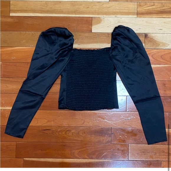 REFORMATION Roe Black Satin Silk Long Sleeve Top Square Neck Bustier Blouse - Picture 5 of 7